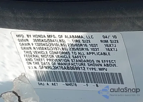 2010 Honda Odyssey Ex-L из США, поврежденный, VIN 5FNRL3H76AB069912